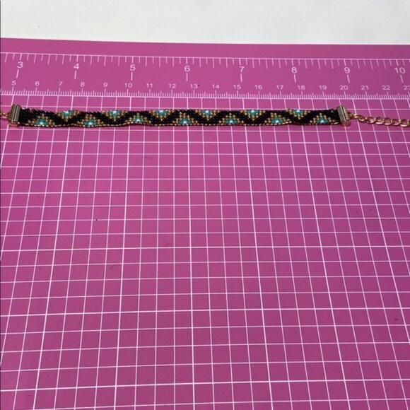 Cute Handcrafted Loom-Beaded Bracelet with Turquoise ,Black and Gold Beads - Picture 7 of 9